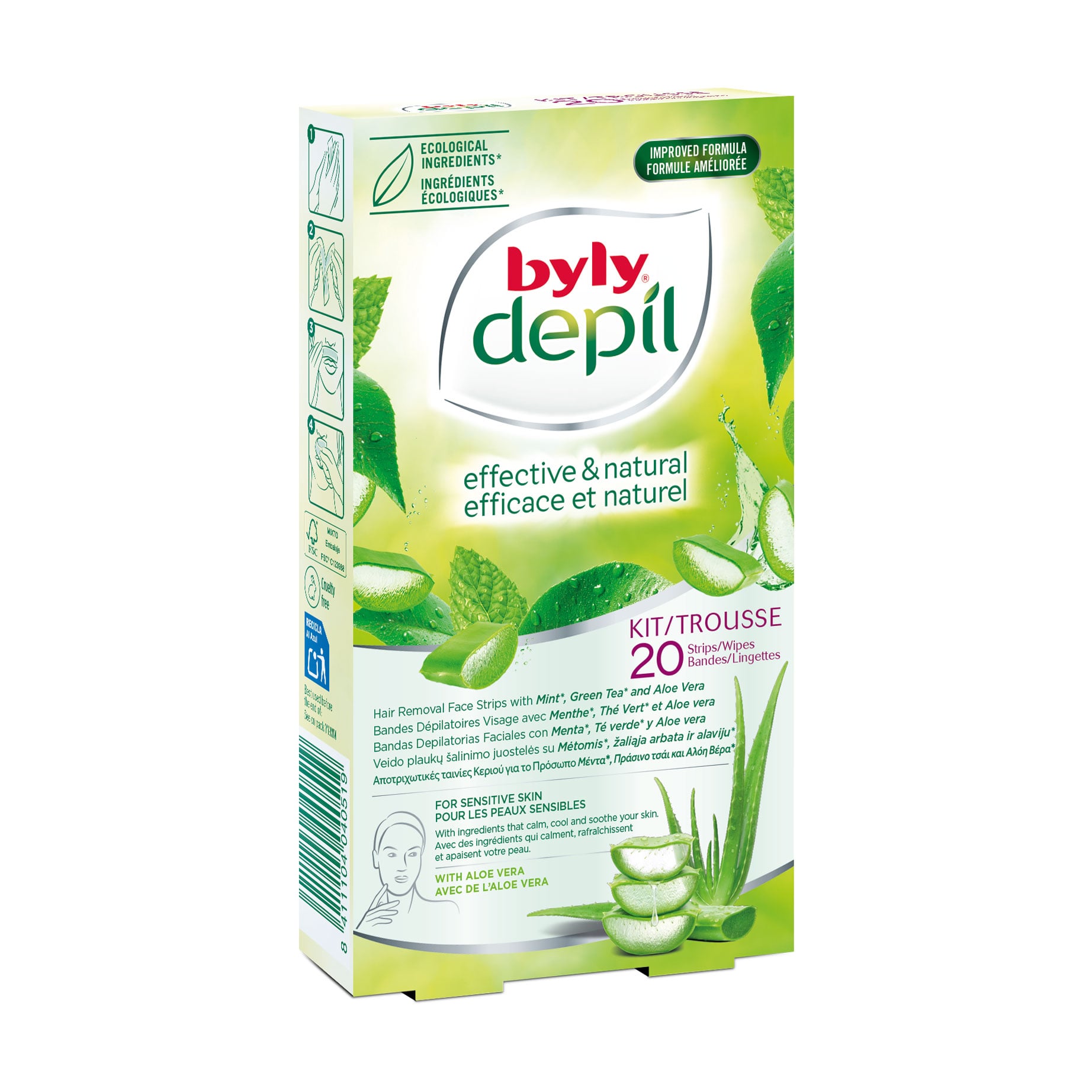 Воскові еко-смужки для депіляції обличчя Byly Depil Hair Removal Face Strips для чутливої шкіри, з м'ятою, зеленим чаєм та алое, 20 шт